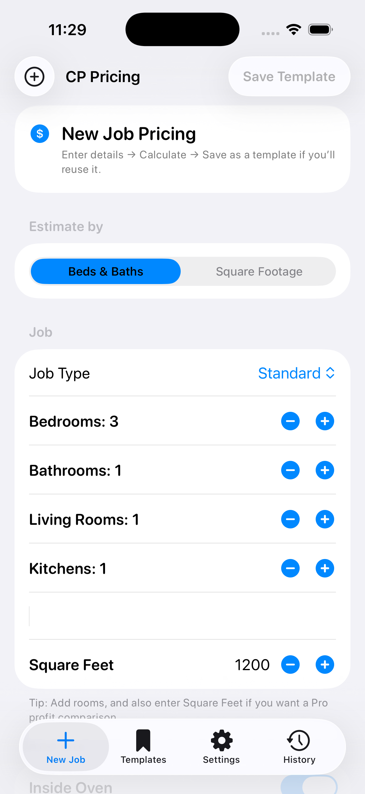 CleanerProfit — New Job Pricing screen